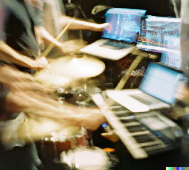 Image floue d'instruments et d'ordinateurs utilisés lors de création de musique